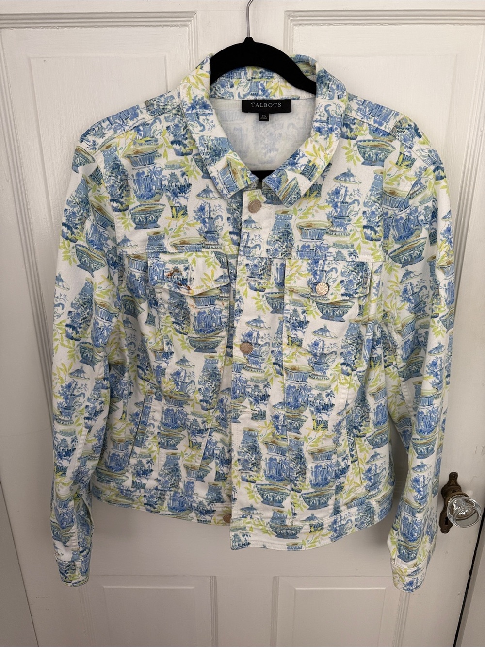 Talbots Blue and Green Toile Print Denim Jacket XL
